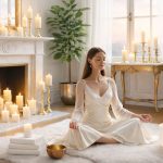 Femeie meditând într-o cameră elegantă, înconjurată de lumânări parfumate aprinse, flori albe și decor cald, liniștitor. Atmosferă calmă, cu lumină naturală și accente aurii, care exprimă relaxare, echilibru interior și beneficiile aromaterapiei.