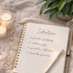 Jurnal de intenții și lumânări aprinse într-un ritual pentru liniște interioară și echilibru emoțional