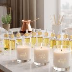 Lumânări parfumate din ceară naturală și mai multe sticluțe cu uleiuri parfumate pentru lumânări, aranjate elegant pe o masă din marmură albă, alături de flori delicate, într-un decor luminos și calm, cu lumină naturală de la fereastră. Tot ce trebuie să știi despre parfumurile lumânărilor noastre