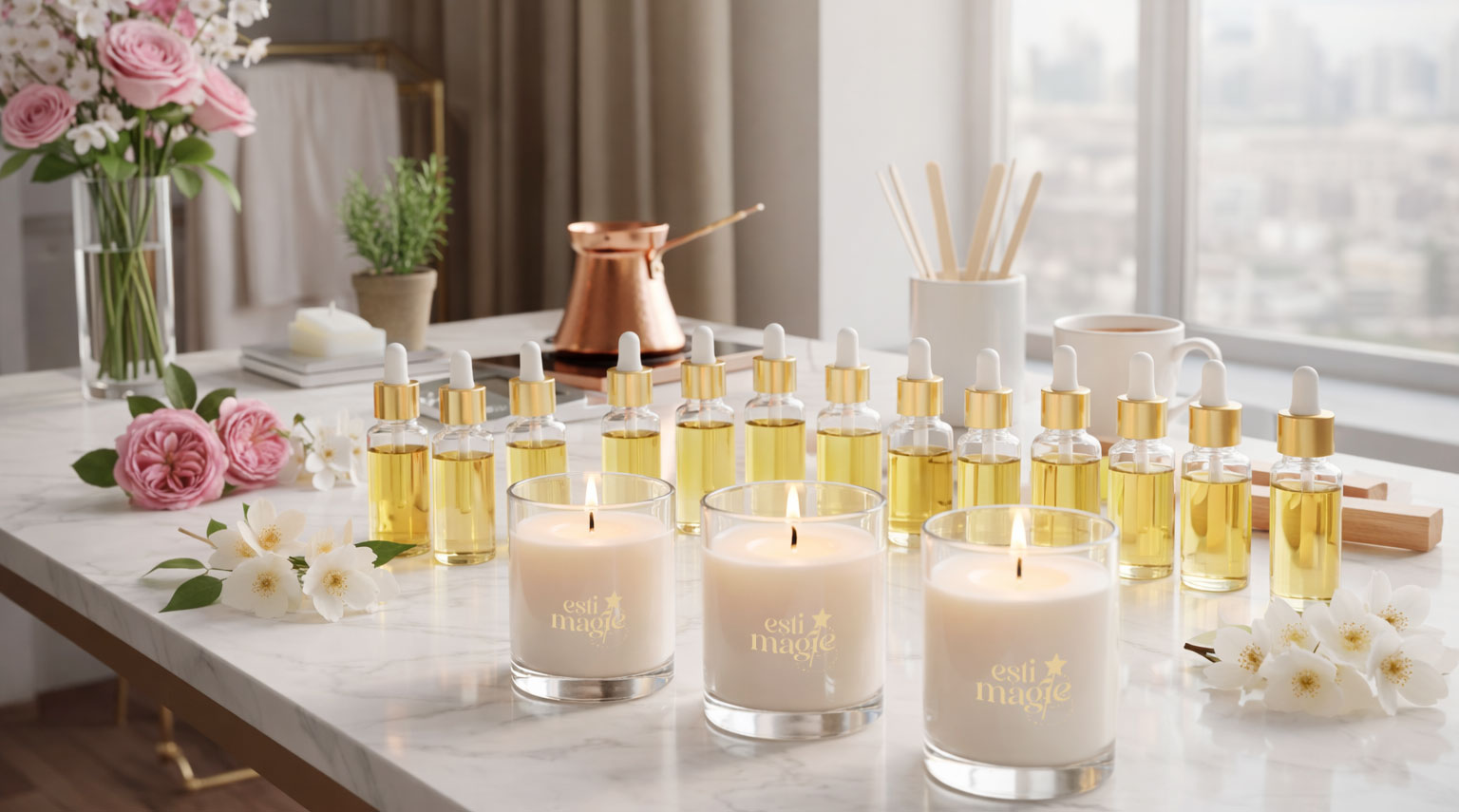 Lumânări parfumate din ceară naturală și mai multe sticluțe cu uleiuri parfumate pentru lumânări, aranjate elegant pe o masă din marmură albă, alături de flori delicate, într-un decor luminos și calm, cu lumină naturală de la fereastră. Tot ce trebuie să știi despre parfumurile lumânărilor noastre