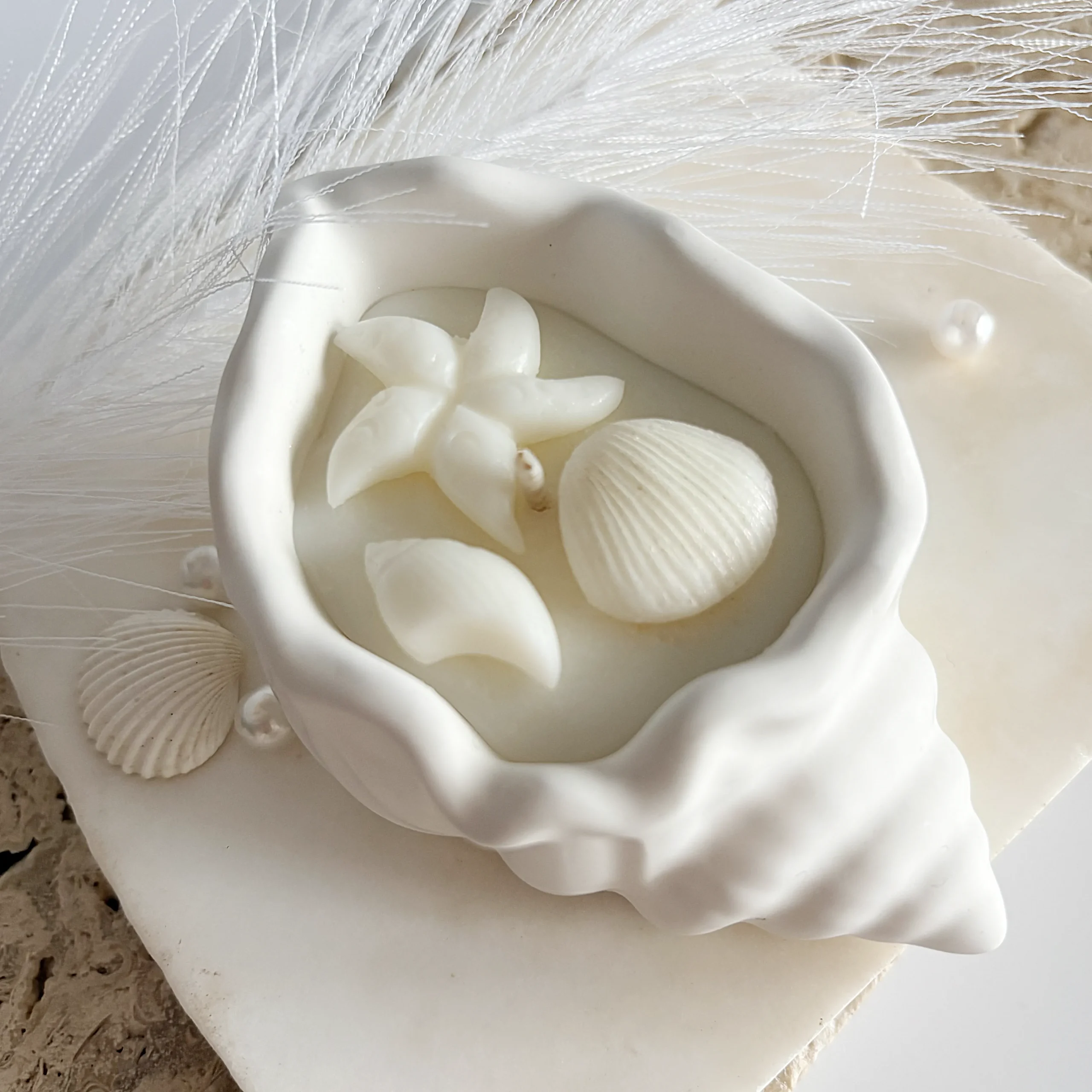 Lumânare în vas ceramic în formă de scoică albă - Ești magie - unghi de deasupra
